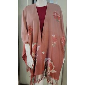 Chicos Open Front Poncho Sweater Womens One Size Pink Floral Fringe Jacket 0353